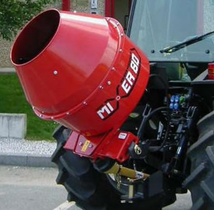 Farm Maxx Cement Mixers - Specifications, 80 Gallons, Cat. I. tractor three point hitch mounted, PTO powered, Hydralic dump