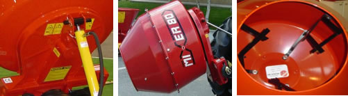 Farm Maxx Cement Mixers - Specifications, 80 Gallons, Cat. I. tractor three point hitch mounted, PTO powered, Hydralic dump